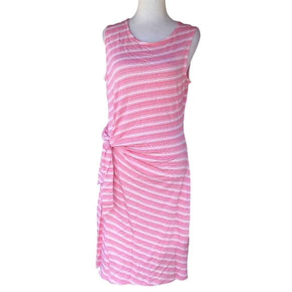 Talbots Pink White Stripe Side Tie Detail French Terry Midi Sleeveless Dress - Picture 2 of 8